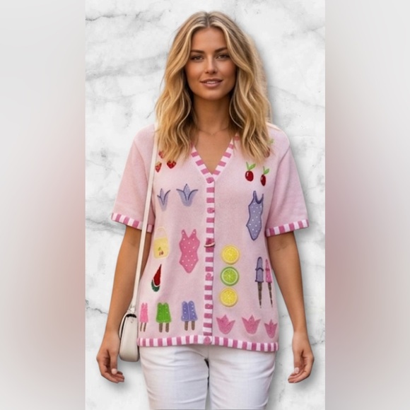 Quacker Factory Pink Summertime Novelty Cardigan Sweater Button Covers Size M - Picture 5 of 16
